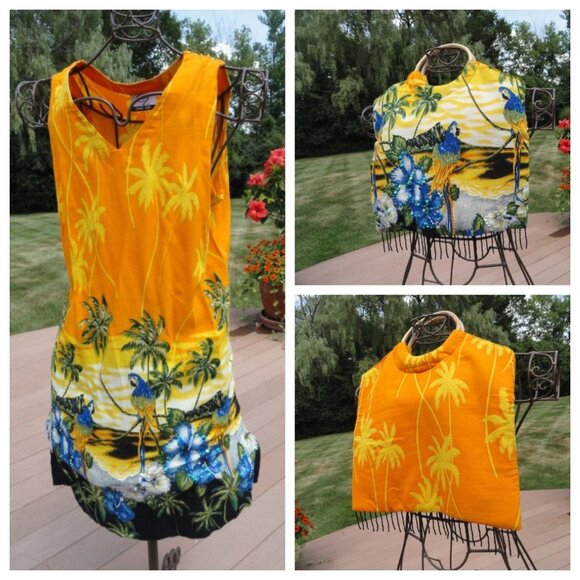 Vtg CZ Cover Up Sequined Dress & Beaded Purse Orange Yellow Blue Sequined Parrot - Picture 1 of 10